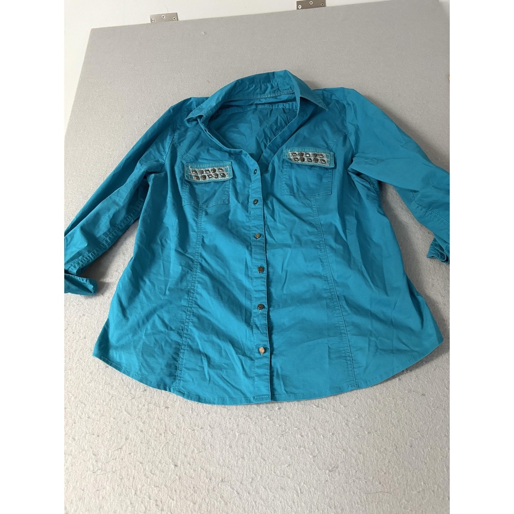 Cato Shirt Womens Large Teal Button Front Sequin Pocket Long Sleeve Top
